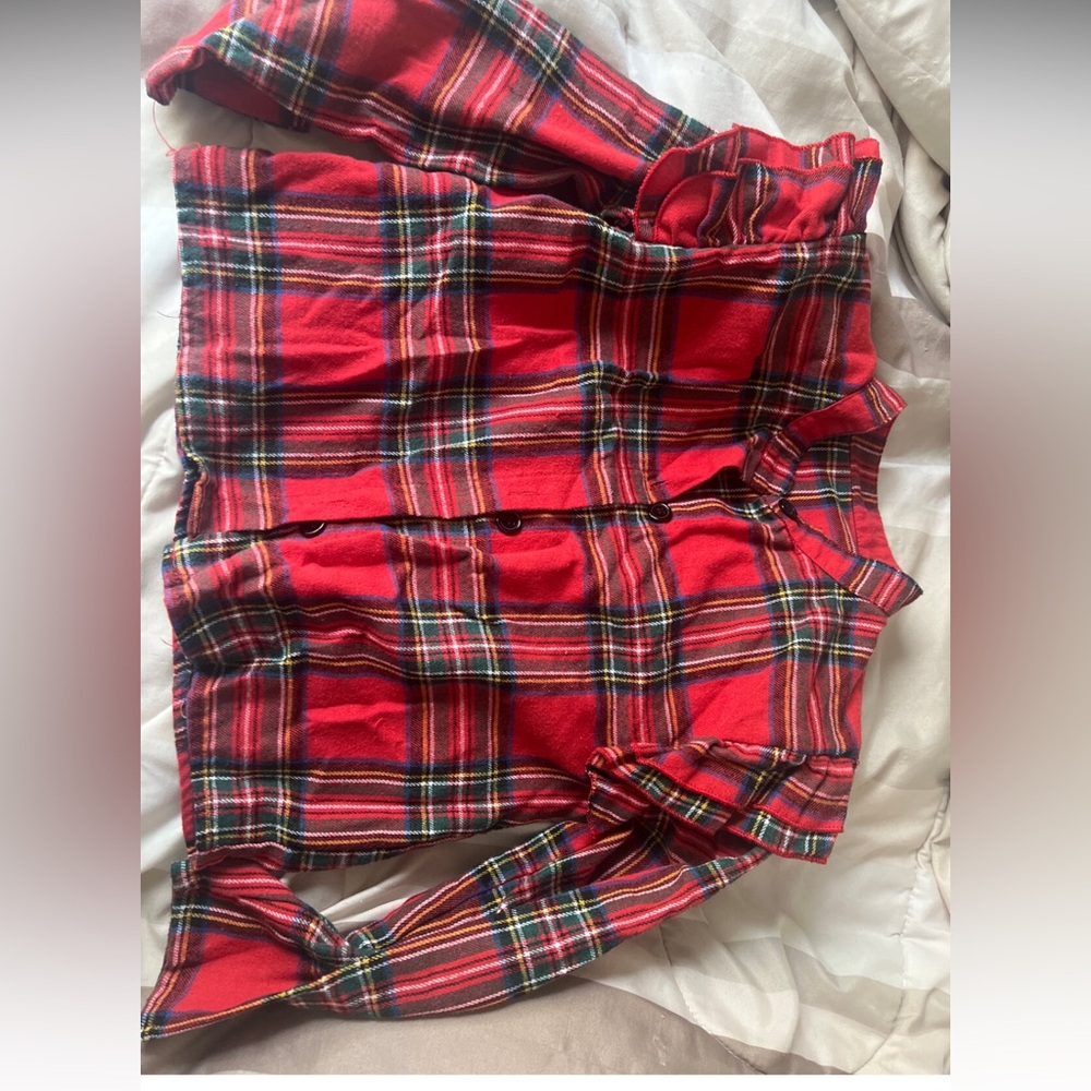 GIRLS RUFFLE SLEEVE RED PLAID SHIRT